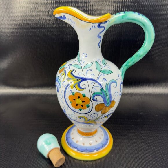 Vintage Hand Made Italian Deruta Pottery Jug Pitcher Decanter Pitcher W Stopper - Picture 12 of 16